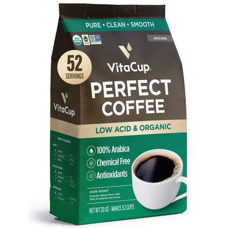 VitaCup Perfect Low Acid Coffee Ground, USDA Organic & Fair Trade, Mycotoxin Free, Dark Roast Guatemala Single Origin, Clean & Pure, 20 ounces, 52 Servings