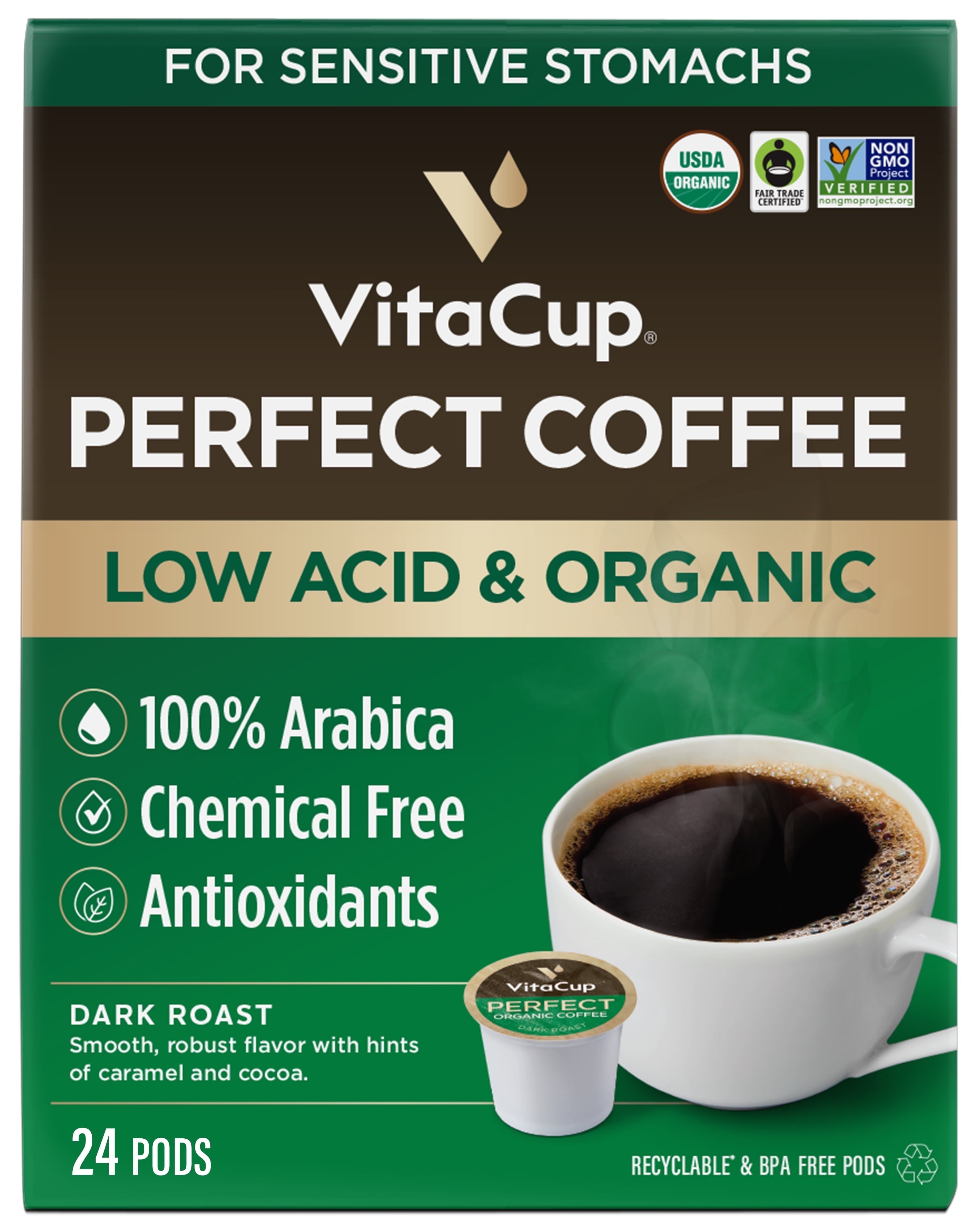 VitaCup Perfect Low Acid Coffee Pods, Dark Roast Organic Coffee Pods, 24 Count