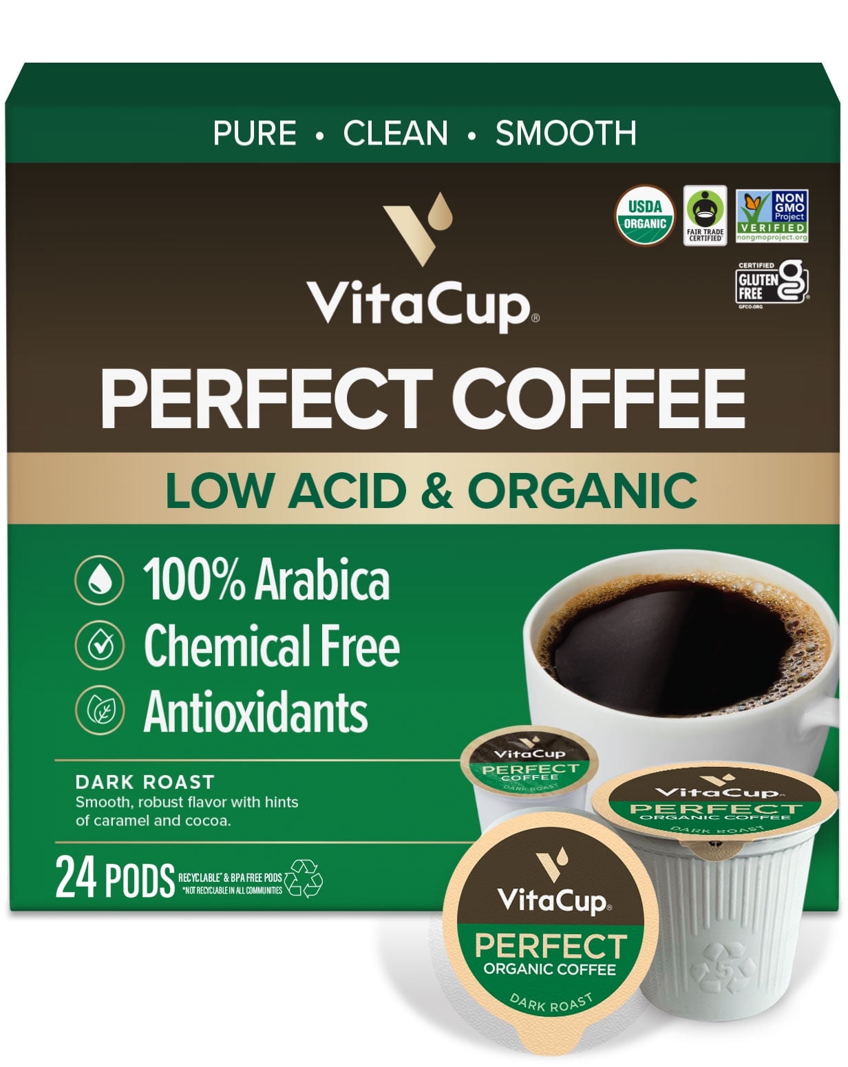 VitaCup Perfect Low Acid Coffee Pods, Dark Roast Organic Coffee Pods, 24 Count
