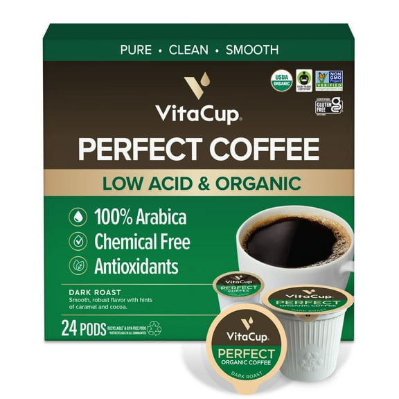 VitaCup Perfect Low Acid Coffee Pods, Dark Roast Organic Coffee Pods, 24 Count