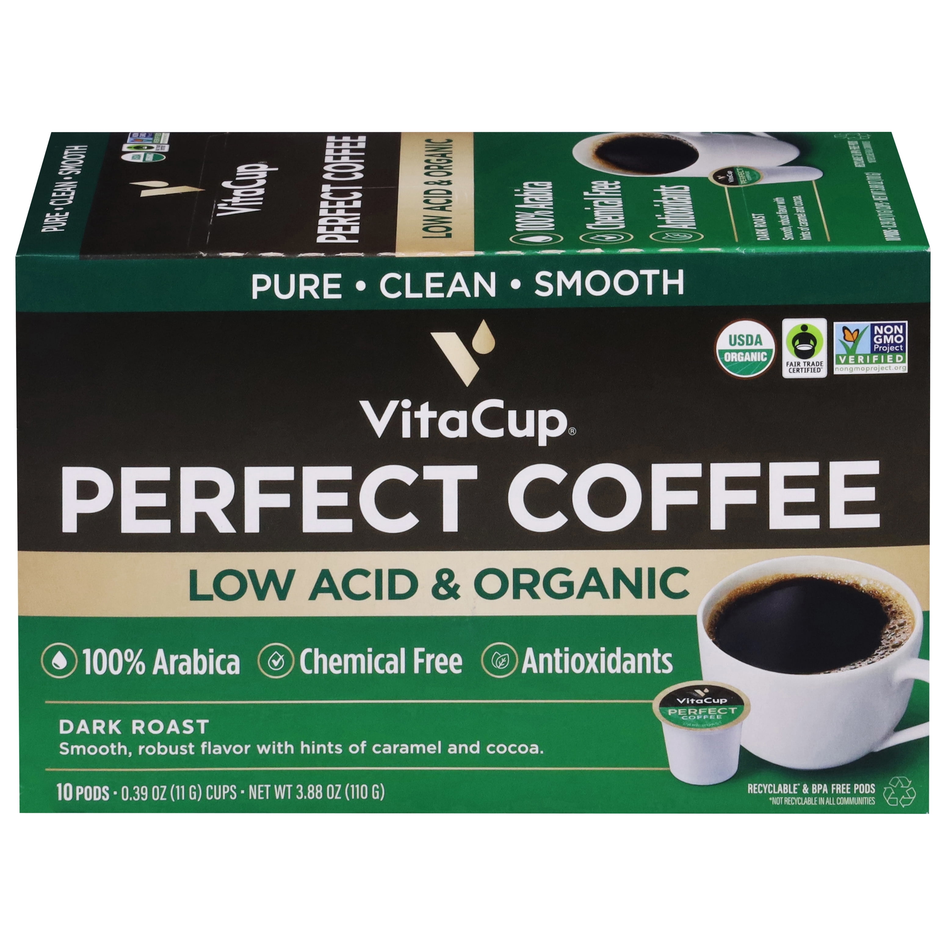 VitaCup Perfect Low Acid Coffee Pods, USDA Organic & Fair Trade, Mycotoxin Free, Dark Roast Guatemala Single Origin, Clean & Pure Recyclable Single Serve Pod compatible w/Keurig K-Cup Brewers, 10 CT