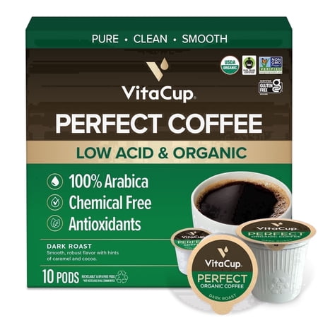 VitaCup Perfect Low Acid Coffee Pods 10 ct, USDA Organic & Fair Trade, Mycotoxin Free, Dark Roast Guatemala Single Origin, Clean & Pure Single Serve Pod compatible w/Keurig K-Cup Brewers