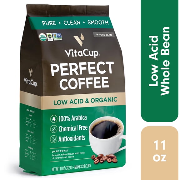 VitaCup Perfect Low Acid Coffee Whole Beans, Dark Roast Organic Coffee, 11 Ounces