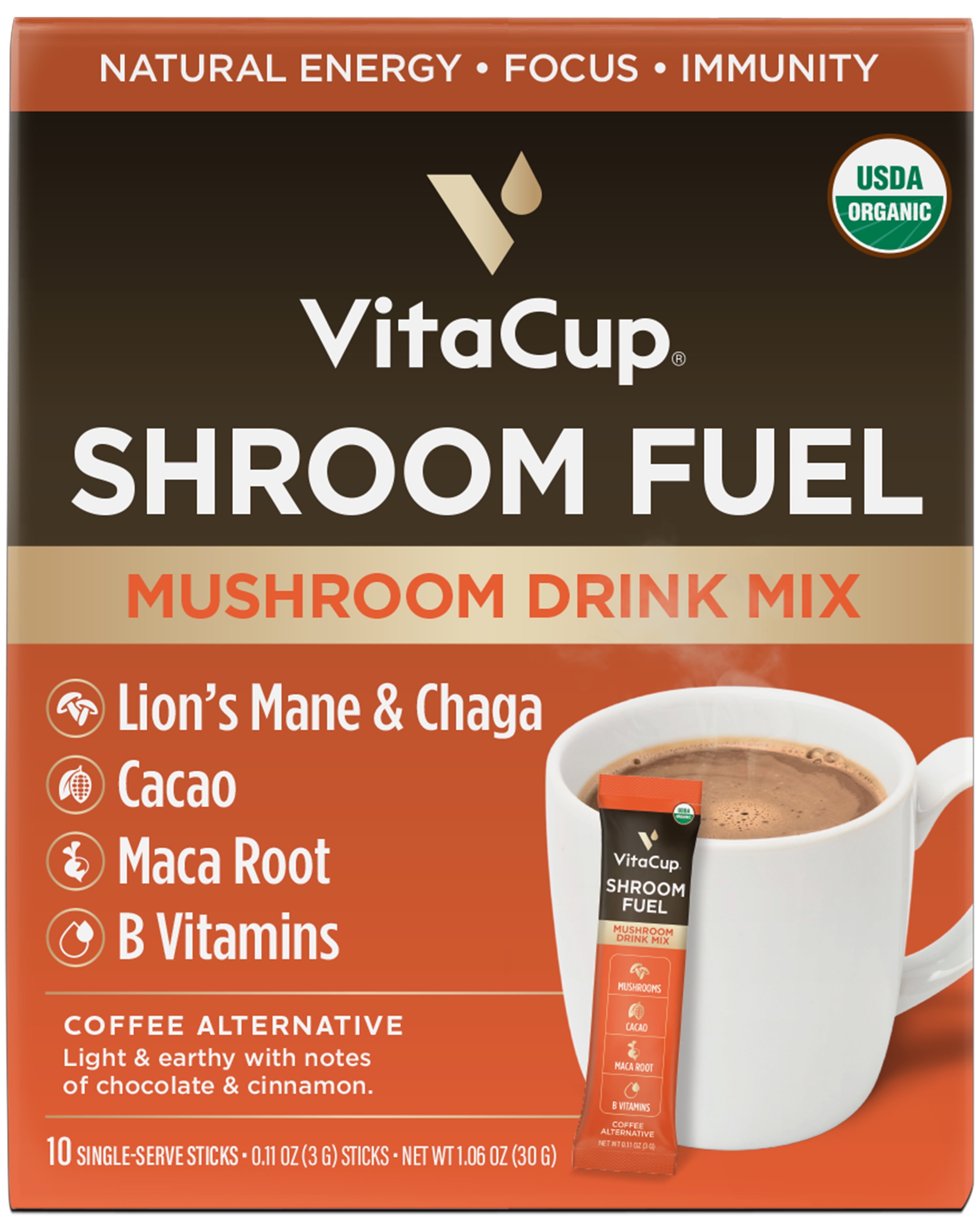 VitaCup Shroom Fuel Mushroom Instant Coffee Alternative Packets, 10 ct