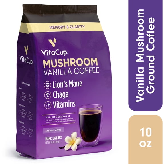 VitaCup Vanilla Flavored Mushroom Coffee Ground, with Lions Mane, 10oz