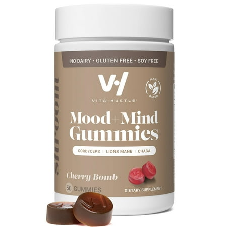 Mood + Mind Mushroom Gummy Supplement, Brain Health, Focus, Lions Mane, Reishi, Cherry Flavor, 50 Count