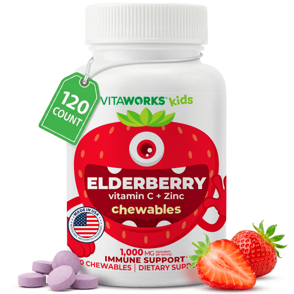 VitaWorks Kids Elderberry Vitamin C and Zinc - Great Tasting Strawberry Flavor - for Immune Support for children - Made in USA, Vegan - 120 Chewables