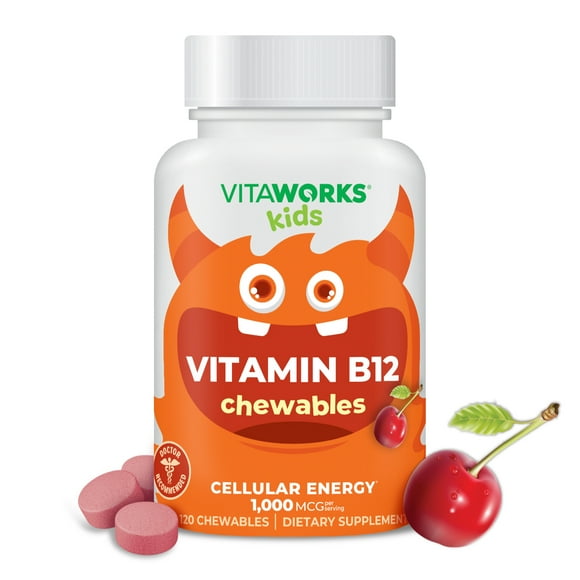 VitaWorks Kids Vitamin B12 1000 mcg, Dietary Supplement, Cellular Energy Vitamins, 120 Chewables