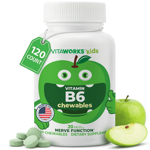 VitaWorks Kids Vitamin B6 Chewable Tablets - 20mg - Great Tasting Green Apple Flavor - Vegan, Non-GMO, Kosher - Brain Function - 120 Chewables