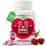 VitaWorks Kids Zinc 15mg Chewable Tablets - Cherry Flavor - Vegan, GMO-Free - Dietary Supplement for Immune Support - for Children - 120 Chewables
