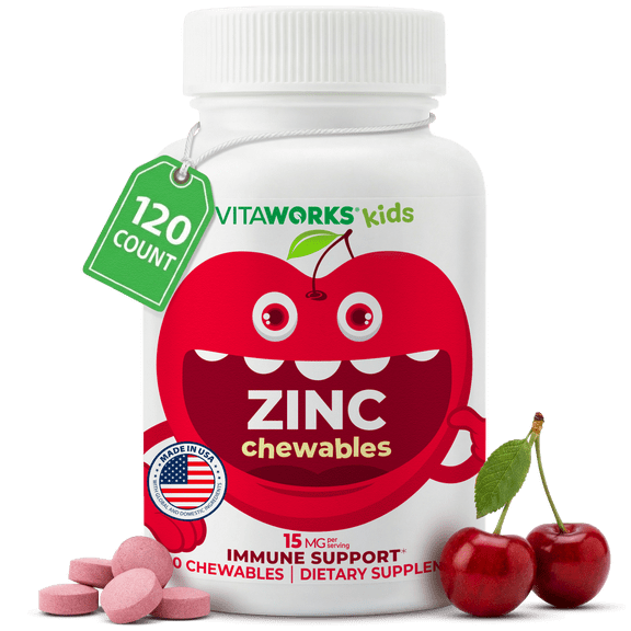 VitaWorks Kids Zinc 15mg Chewable Tablets - Cherry Flavor - Vegan, GMO-Free - Dietary Supplement for Immune Support - for Children - 120 Chewables