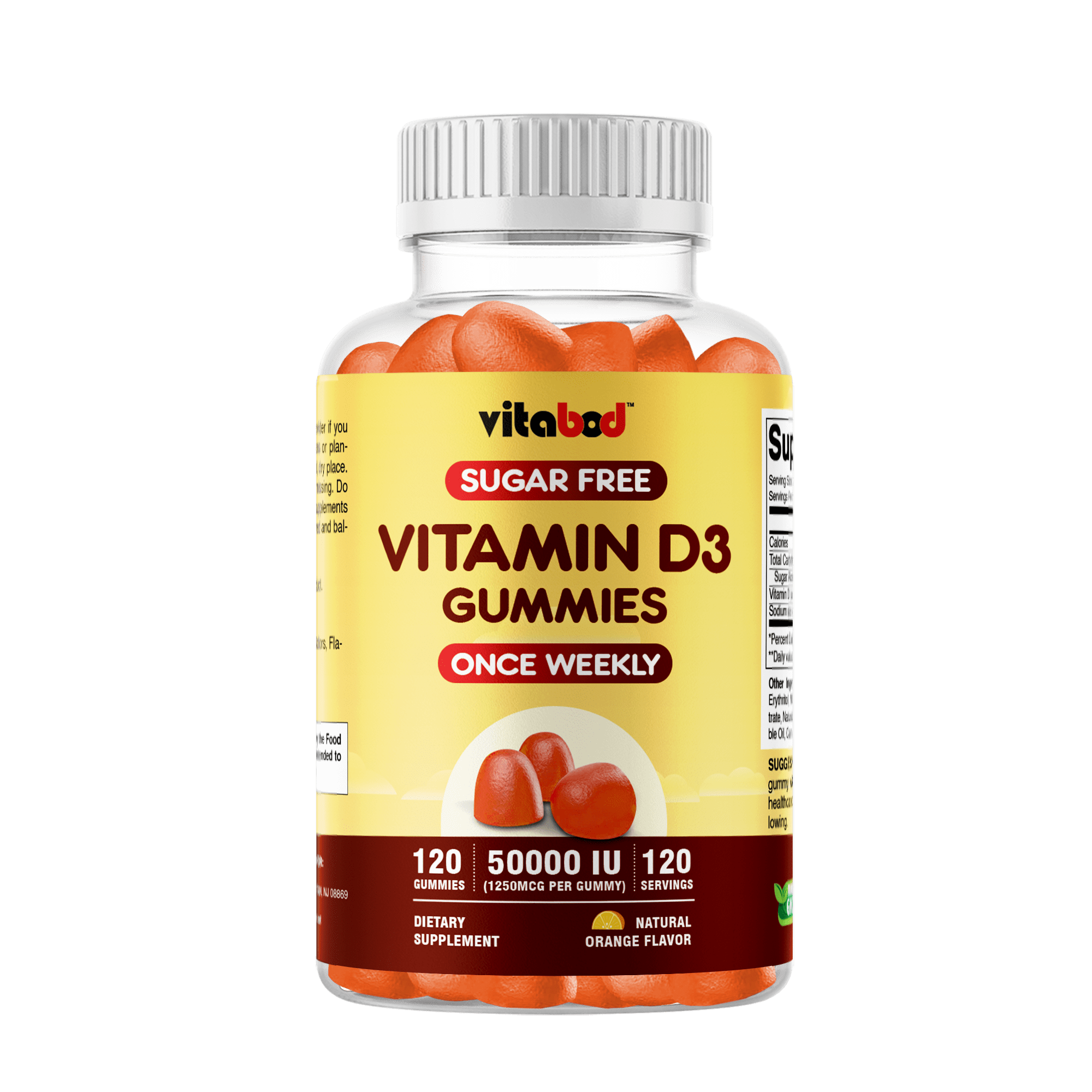 Vitabod Sugar Free Vitamin D3 50,000 IU Weekly Supplement - 120 Vegetable Vitamin D Gummies for Bones, Teeth, and Immune Support - Easy Chew Pure Vitamin D3 50000 IU- Non GMO Pills