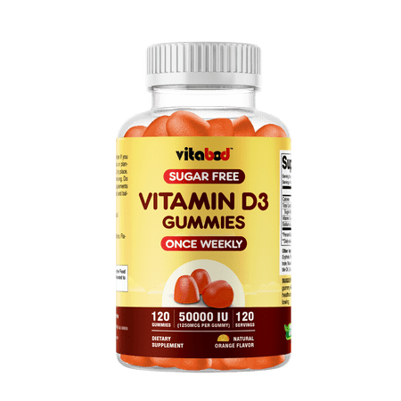 Vitabod Sugar Free Vitamin D3 50,000 IU Weekly Supplement - 120 Vegetable Vitamin D Gummies for Bones, Teeth, and Immune Support - Easy Chew Pure Vitamin D3 50000 IU- Non GMO Pills