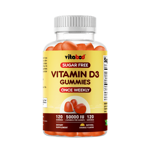 Vitabod Sugar Free Vitamin D3 50,000 IU Weekly Supplement - 120 Vegetable Vitamin D Gummies for Bones, Teeth, and Immune Support - Easy Chew Pure Vitamin D3 50000 IU- Non GMO Pills