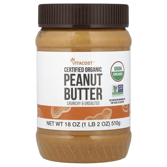 Vitacost Certified Organic Peanut Butter, Crunchy & Unsalted, 18 oz (510 g)