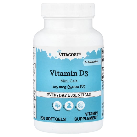 Vitacost Vitamin D3 Mini Gels, 125 mcg (5,000 IU), 200 Softgels