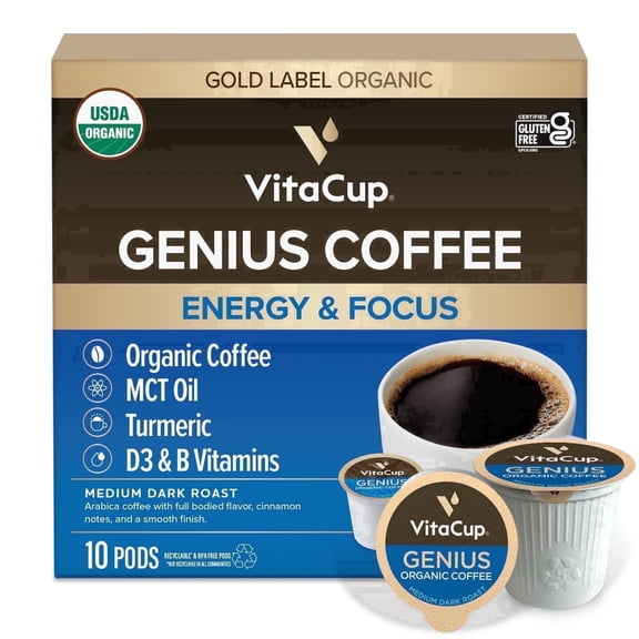 VitaCup Organic Genius Keto Coffee Pods 10 ct, Increase Energy & Focus w/MCT Oil, Turmeric, B Vitamins, D3, Medium Dark Roast, Bold, Smooth, Single Serve Pod Compatible w/Keurig K-Cup Brewers
