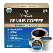 VitaCup Organic Genius Keto Coffee Pods 10 ct, Increase Energy & Focus w/MCT Oil, Turmeric, B Vitamins, D3, Medium Dark Roast, Bold, Smooth, Single Serve Pod Compatible w/Keurig K-Cup Brewers