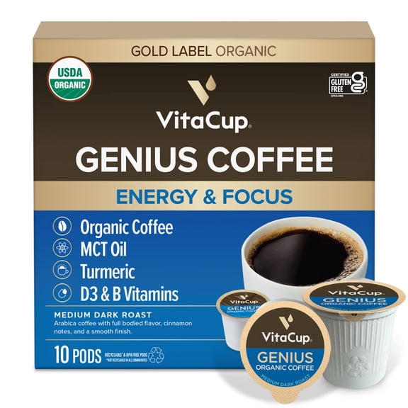 VitaCup Organic Genius Keto Coffee Pods, Increase Energy & Focus w/MCT Oil, Turmeric, B Vitamins, D3, Medium Dark Roast, Bold, Smooth, Single Serve Pod Compatible w/Keurig K-Cup Brewers, 10 Ct