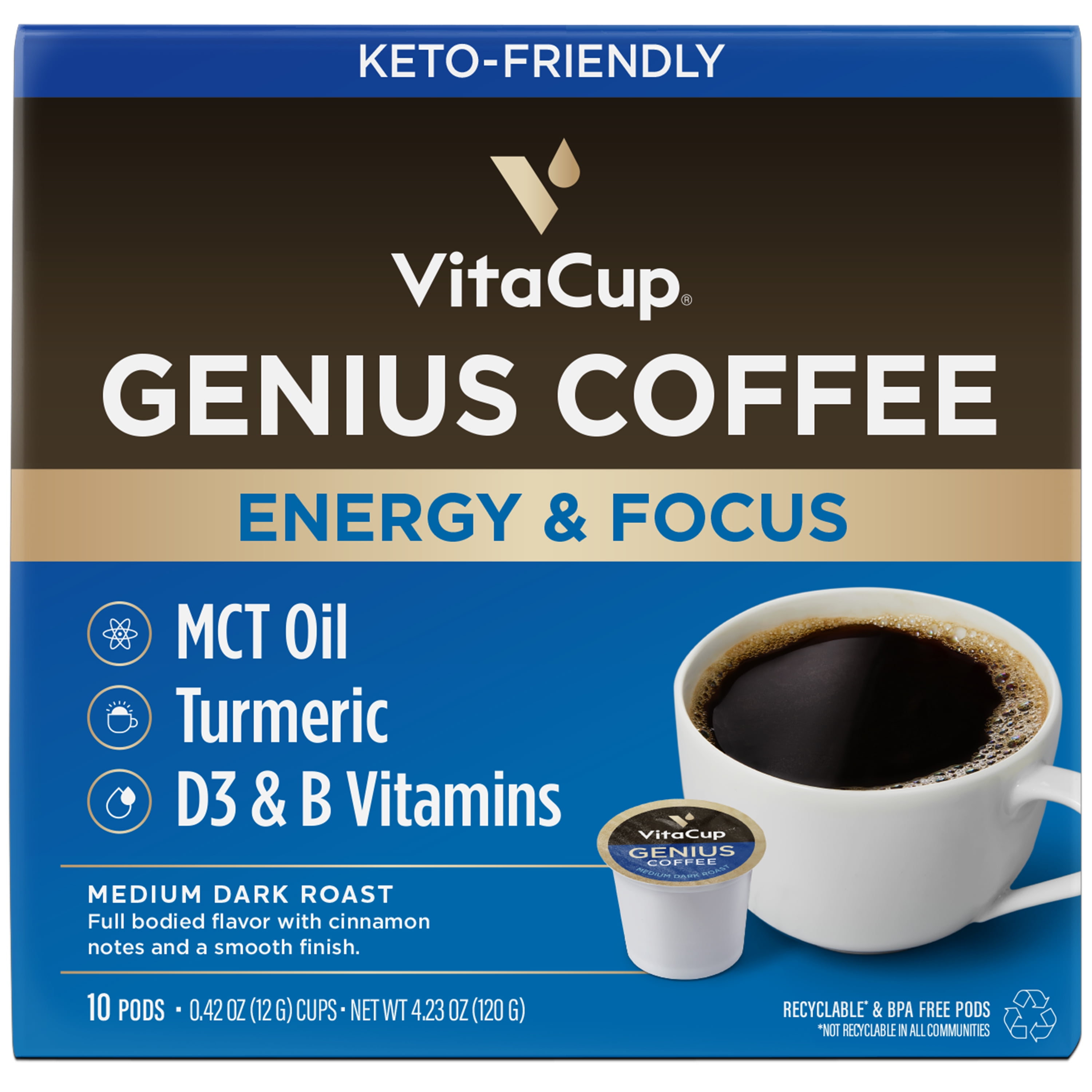 VitaCup Genius Blend Coffee Pods with MCT Oil, Turmeric, & B Vitamins, Medium Roast, 10 Ct