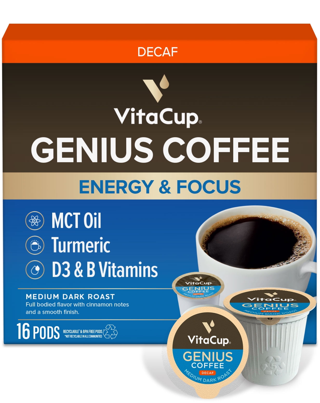 Vitacup Decaf Genius Keto Coffee Pods Compatible w/ K-Cup Brewers, 16 Ct