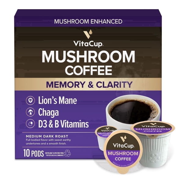 VitaCup Mushroom Coffee Pods 10 ct, Boost Focus & Immunity w/Lions Mane, Chaga, B Vitamins, D3 for Memory & Clarity, Medium Roast, Single Serve Pod Compatible w/Keurig K-Cup Brewers