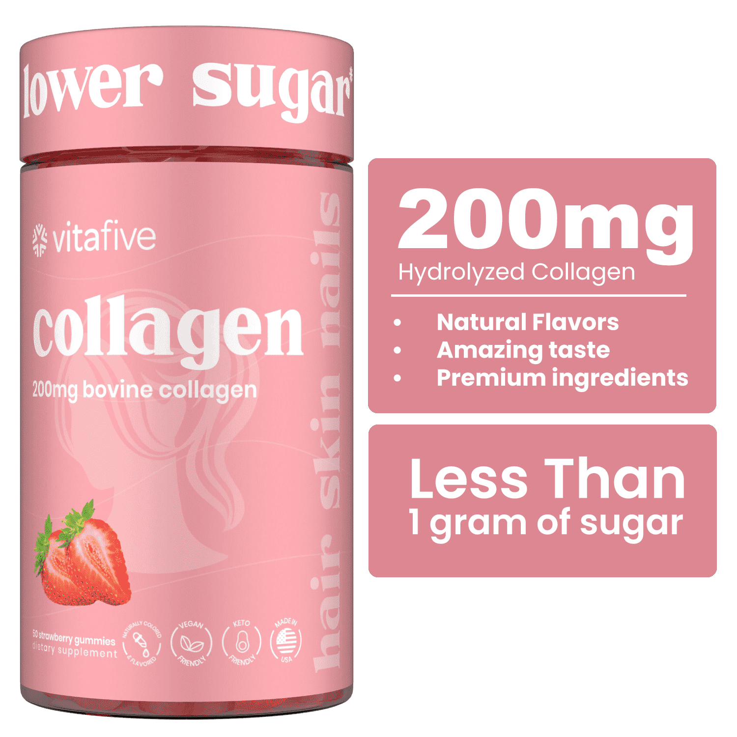 Vitafive 200mg - Collagen Vitamin Gummies, Low Sugar, Skin & Hair Support, Berry Flavored, 50 Count