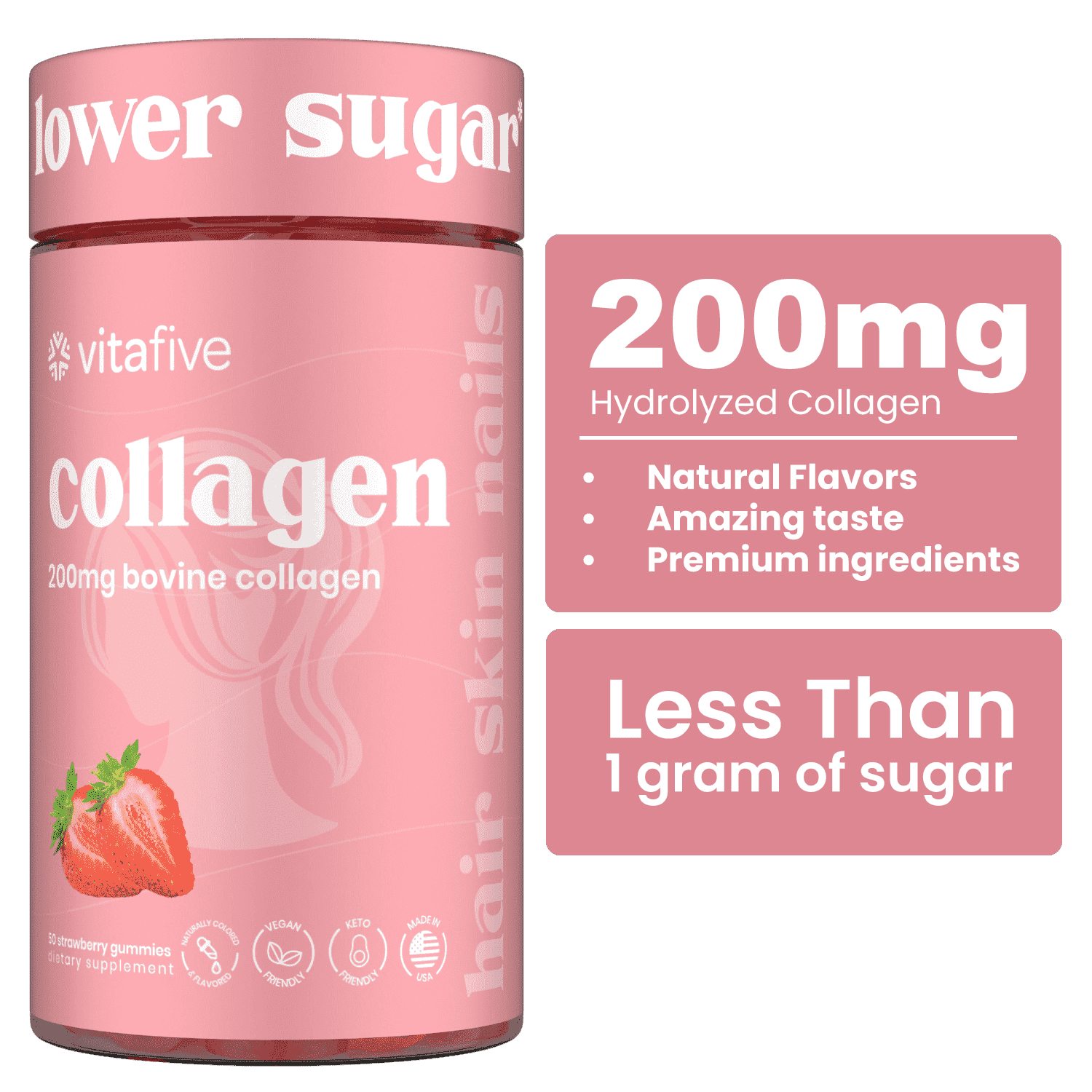 Vitafive 200mg - Collagen Vitamin Gummies, Low Sugar, Skin & Hair Support, Berry Flavored, 50 Count