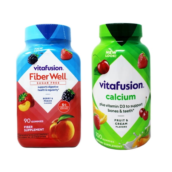 Vitafusion Fiber Well Sugar Free Fiber Supplement & Chewable Calcium Gummy Vitamins for Bone and Teeth Support