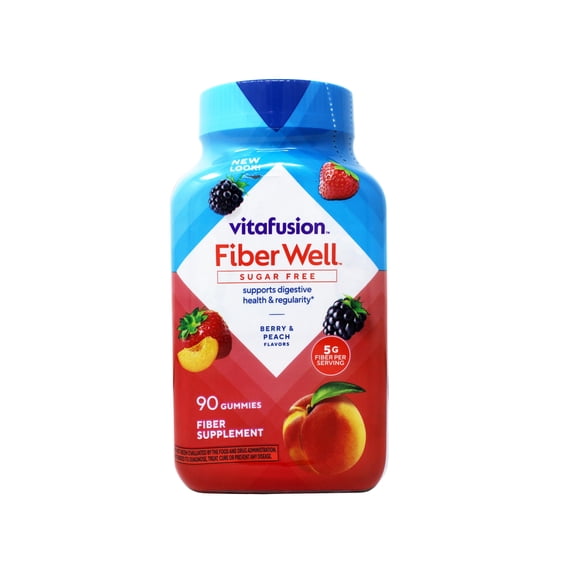 Vitafusion Fiber Well Sugar Free Fiber Supplement Gummies, Berry & Peach Flavors, 90 Count