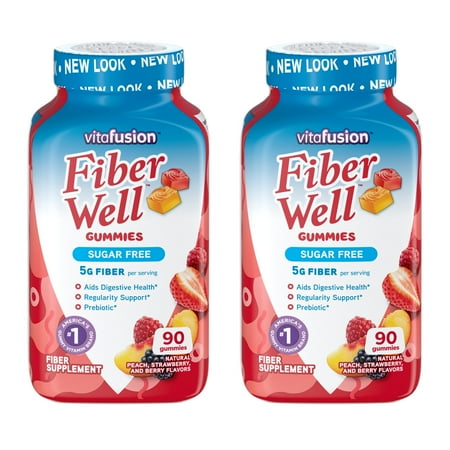 Vitafusion Fiber Well Sugar Free Gummies Dietary Supplement, Peach/Strawberry/Berry, 90 Ct (2 pack) (Bundle)