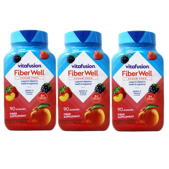 Vitafusion Fiber Well Sugar Free Fiber Supplement Gummies, Berry & Peach Flavors, 90 Count - 3 Pack
