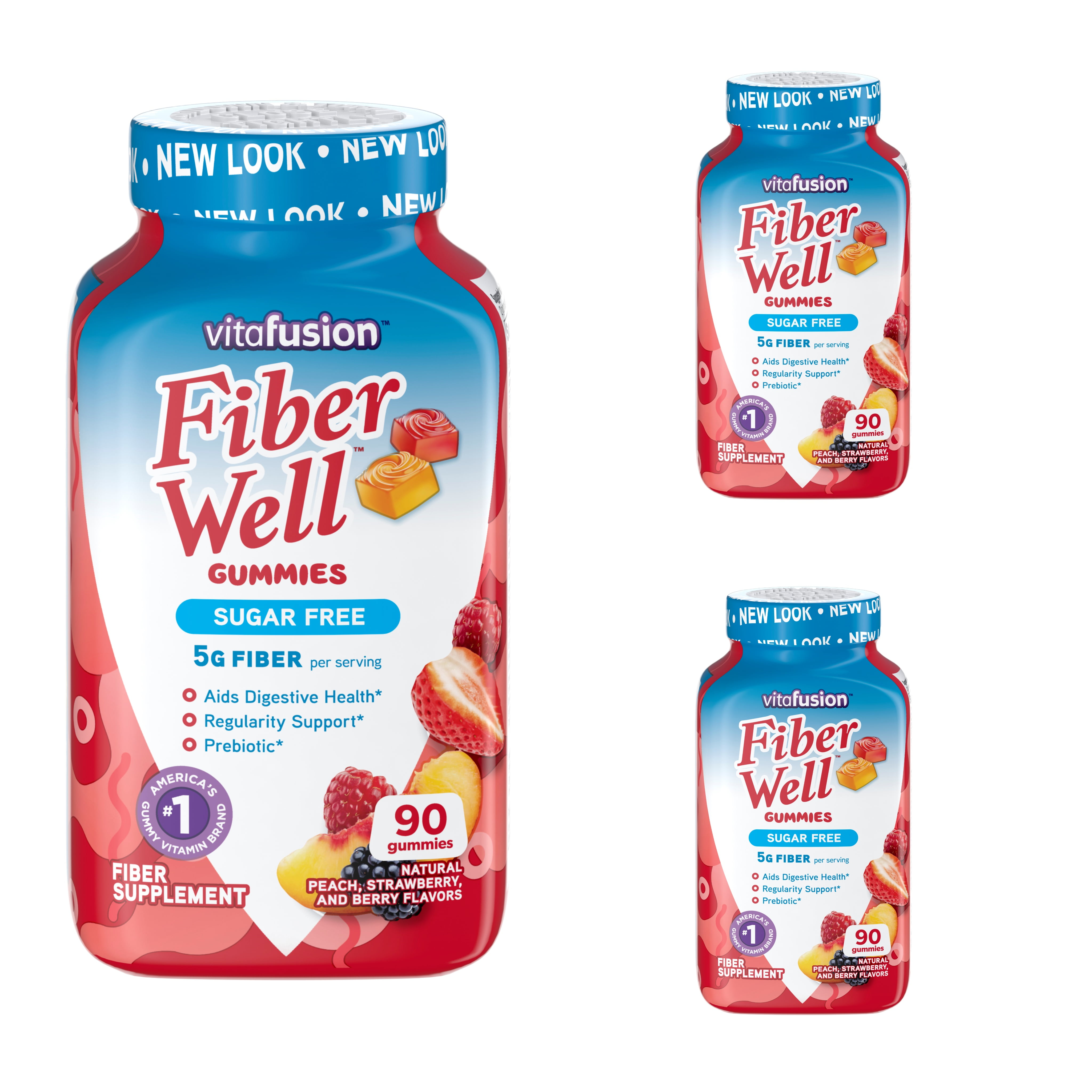 Vitafusion Fiber Well Sugar Free Gummies Dietary Supplement, Peach/Strawberry/Berry, 90 Ct (3