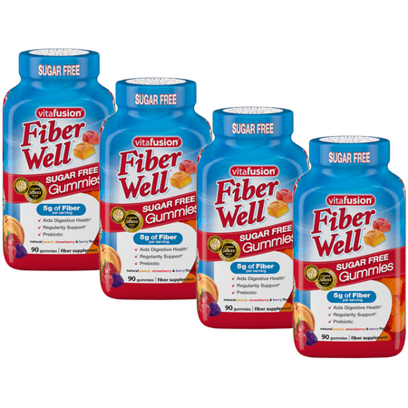 Vitafusion Fiber Well Sugar Free Fiber Supplement Gummies, Berry & Peach Flavors, 90 Count - 4 Pack