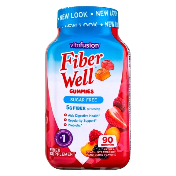 Vitafusion Fiber Well Sugar Free Gummies Dietary Supplement, Peach/Strawberry/Berry, 90 Ct (5 pack) (Bundle)