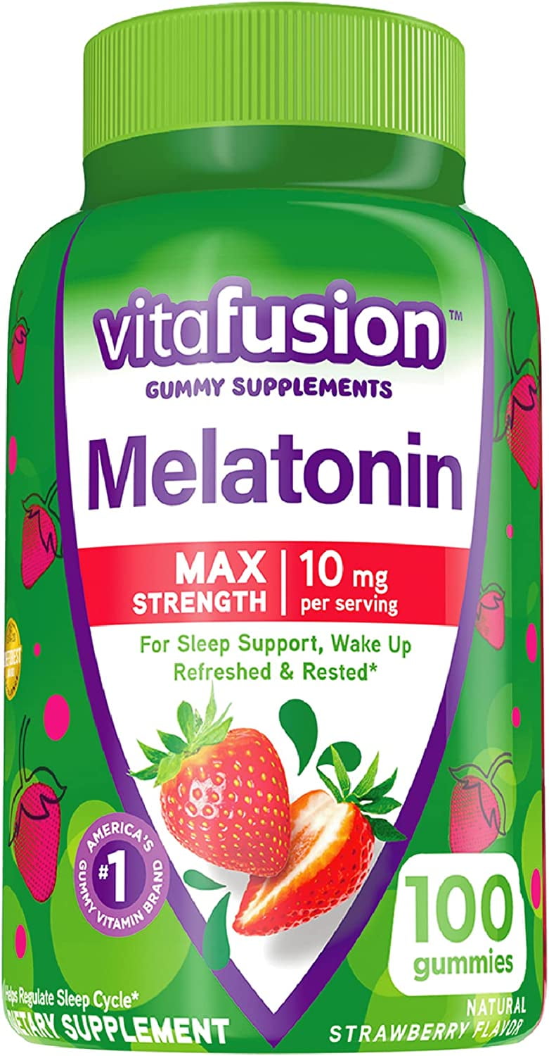 Vitafusion Max Strength Melatonin Gummy Supplements, Strawberry Flavored, 10 mg Melatonin Sleep Supplements, Americas Number 1 Gummy Vitamin Brand, 50 Day Supply, 100 Count