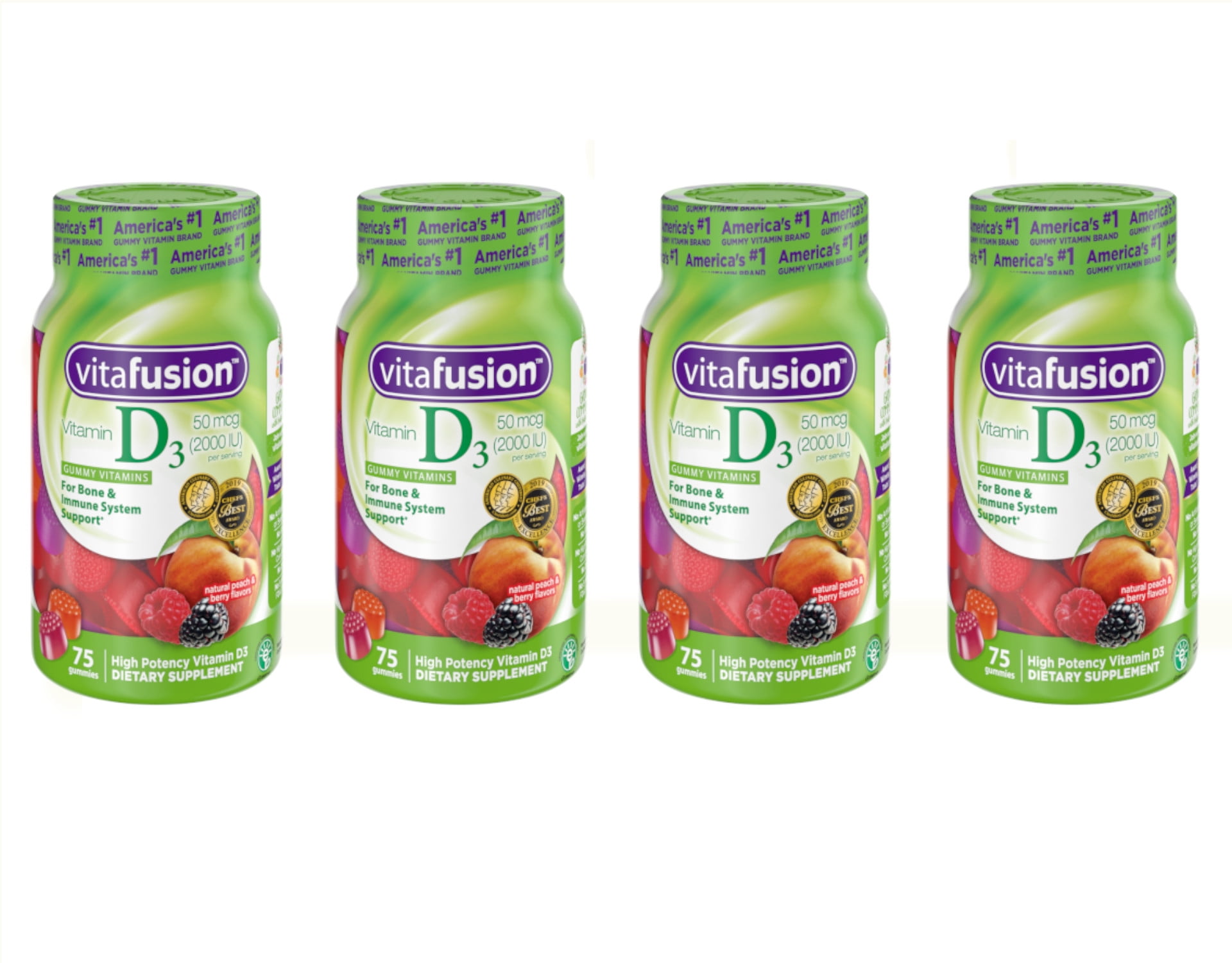 Vitafusion Vitamin D3 2000 IU Gummy Vitamins for Adults Dietary Supplement Peach, Blackberry & Strawberry Flavors 75 Each (Pack of 4)