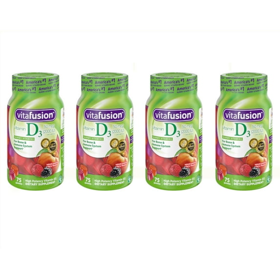 Vitafusion Vitamin D3 2000 IU Gummy Vitamins for Adults Dietary Supplement Peach, Blackberry & Strawberry Flavors 75 Each (Pack of 4)