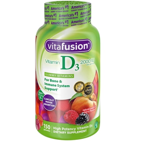 vitafusion Vitamin D3 Gummies, Bone and Immune Support, Peach, Blackberry, Strawberry Flavored, 50 mcg D3 Gummy Vitamin Supplement, 75 Day Supply, 150 Count
