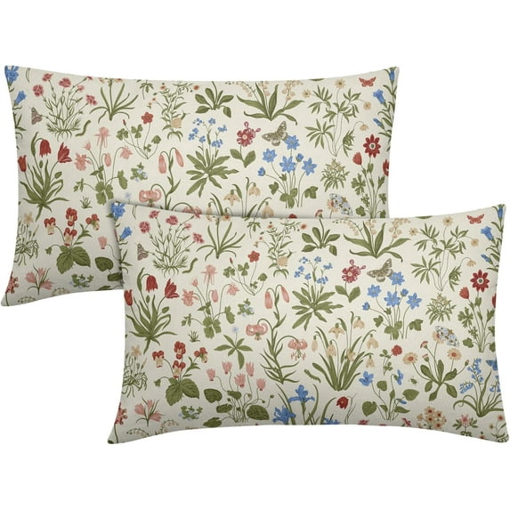 Vitage Floral Lumbar Pillow Covers 12x20 Set of 2 Spring Green Red Cream Pattern Rustic Decorative Outdoor Farmhouse Zipper Flower Pillowcases Decorations Throw Cushion Cover Decor for Couch Sofa Bed