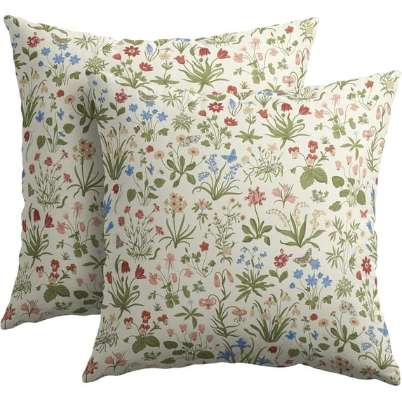 Vitage Floral Pillow Covers 16x16 Set of 2 Spring Green Red Cream Pattern Rustic Decorative Outdoor Farmhouse Zipper Flower Linen Pillowcases Decorations Throw Cushion Cover Decor for Couch Sofa Bed
