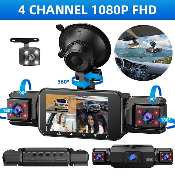 Vital 360 Degree 4 Channel Dash Cam FHD 1080P - 8 IR Night Vision, 24H Parking Monitor, G-Sensor Loop Recording, 4-in-1 IPS Screen Car Camera for SUV Truck Taxi