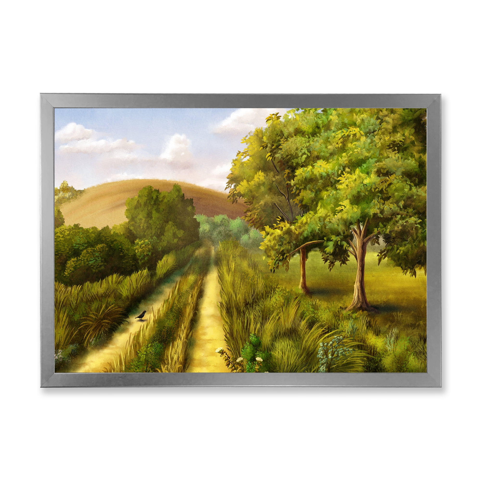 Vital Country Road During Summer 32 in x 24 in Framed Painting Canvas Art Print, by Designart