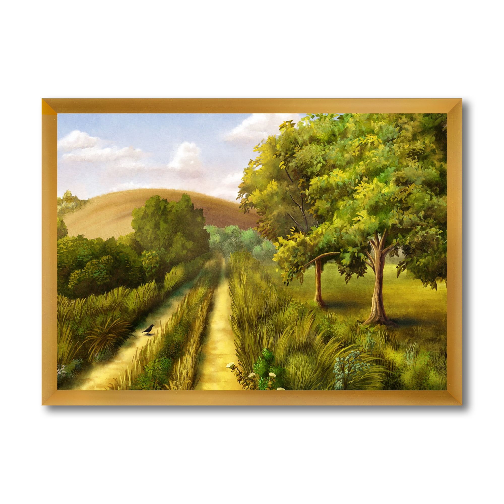 Vital Country Road During Summer 40 in x 30 in Framed Painting Canvas Art Print, by Designart