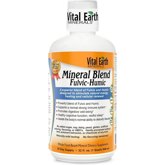 Vital Earth Minerals Fulvic Humic Mineral Blend Liquid Fulvic Acid Supplement with 70+ Trace Minerals, Electrolytes for Recovery, Balance & Energy, 32 Oz + 1 Oz Cup