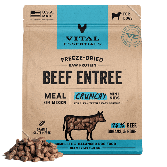Vital Essentials Freeze Dried Dog Food, Raw Beef Crunchy Mini Nibs | Complete Meal or Topper | 96% Beef, Organs & Bone | Limited Ingredient, High Protein, Grain Free Dry Dog Food | 3 lb bag