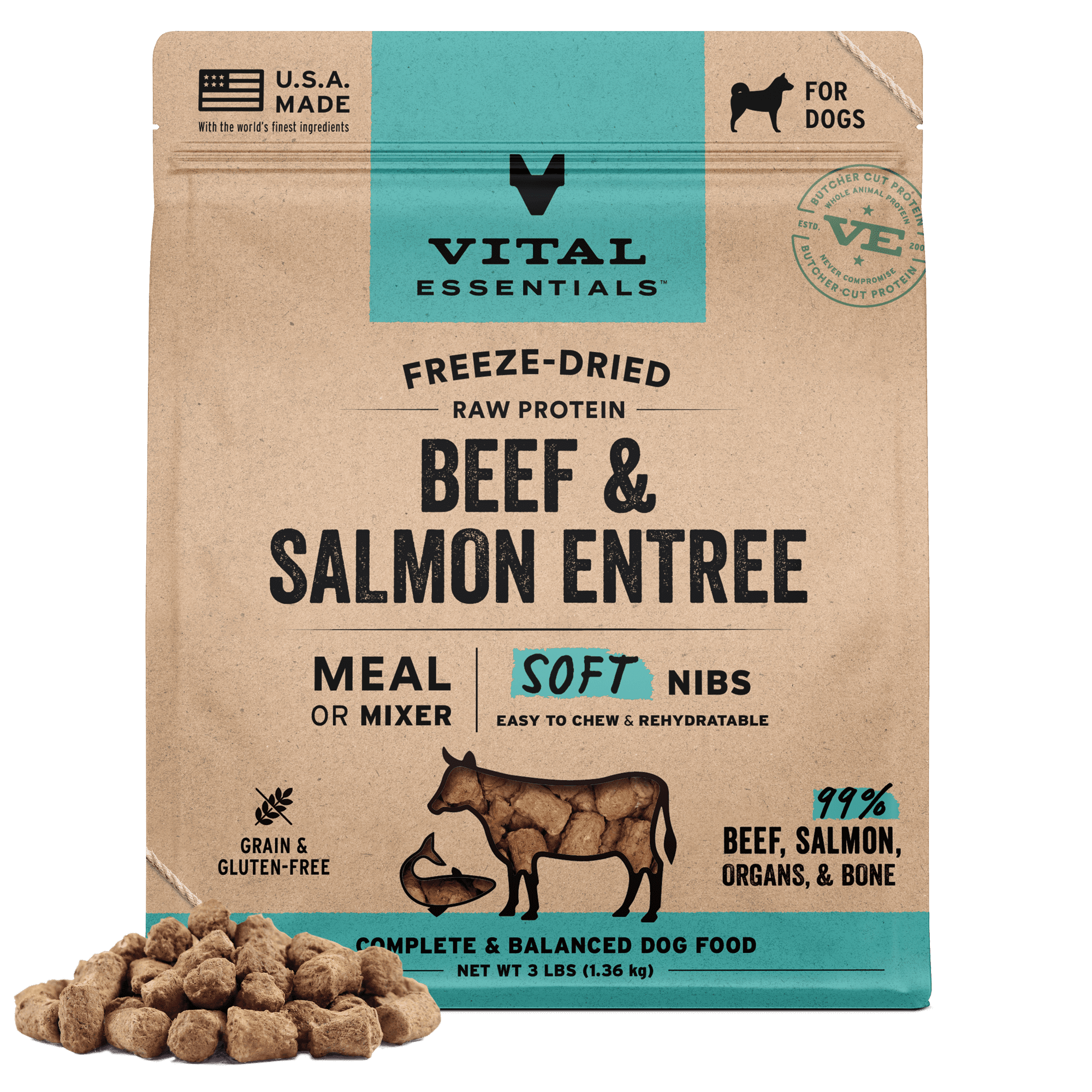 Vital Essentials Freeze Dried Dog Food, Raw Beef & Salmon Soft Nibs ...