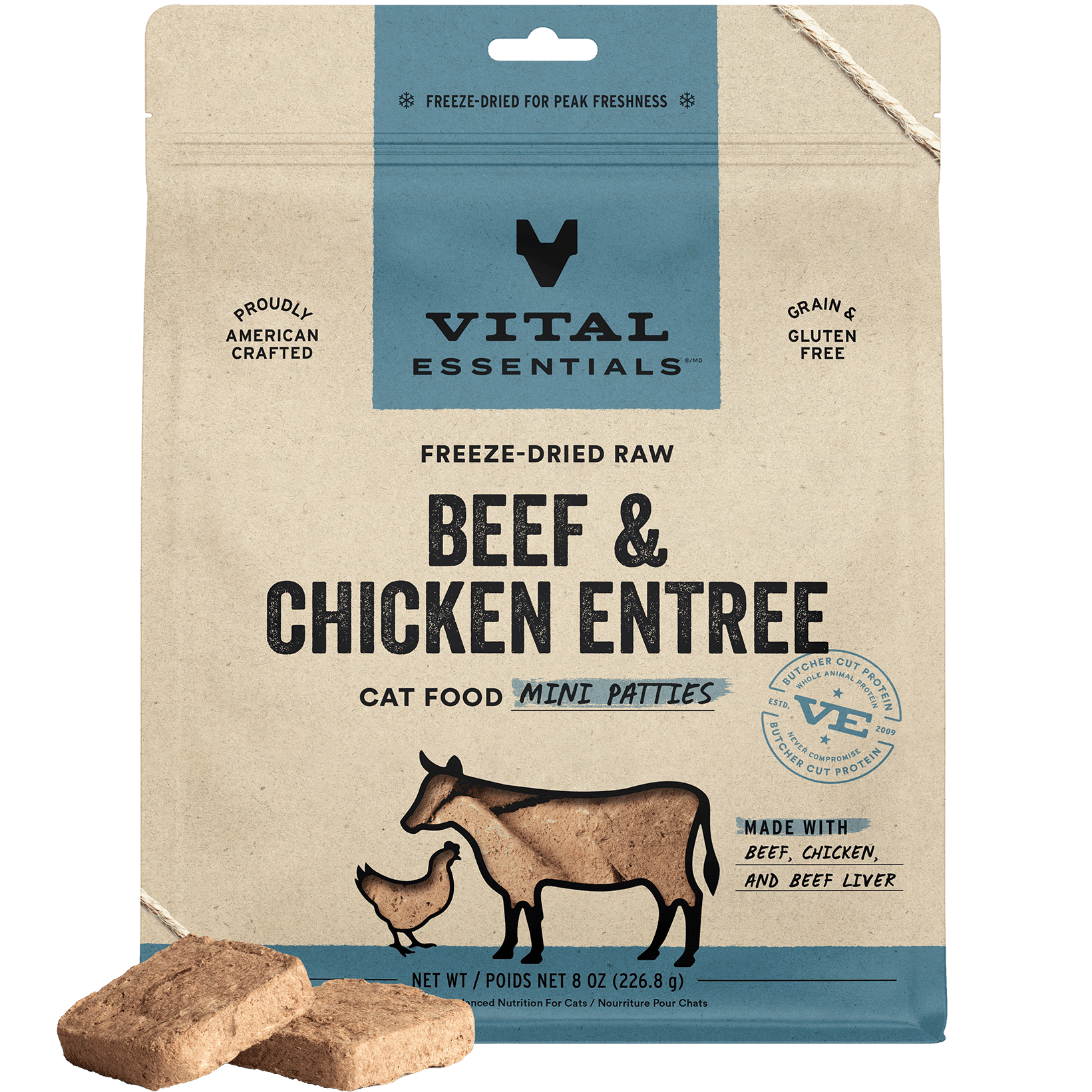 Vital Essentials Freeze Dried Cat Food, Raw Beef & Chicken Mini Patties | Complete Meal or Topper | Easy to Portion and Rehydrate | High Protein, Grain Free Dry Cat Food | 8 oz bag
