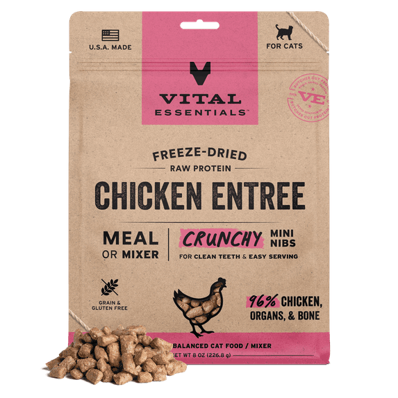 Vital Essentials Freeze Dried Cat Food, Raw Chicken Crunchy Mini Nibs | Complete Meal or Topper | 96% Chicken, Organs & Bone | Limited Ingredient, High Protein, Grain Free Dry Cat Food | 8 oz bag