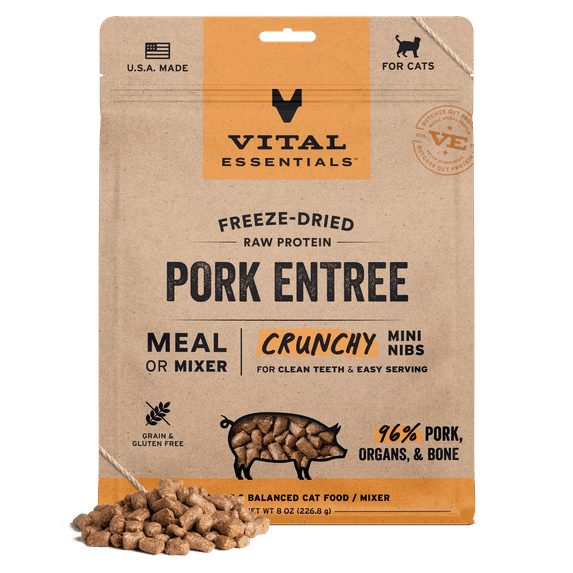 Vital Essentials Freeze Dried Cat Food, Raw Pork Crunchy Mini Nibs | Complete Meal or Topper | 96% Pork, Organs & Bone | Limited Ingredient, High Protein, Grain Free Dry Cat Food | 8 oz bag